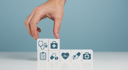 A hand places a block with a medical icon on a row of health-related symbols.