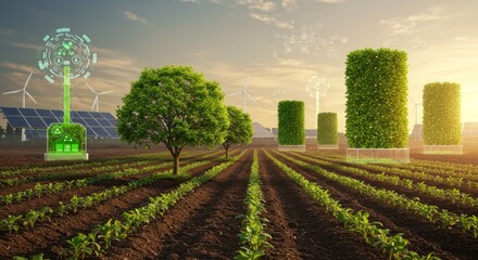 A cultivated field with trees, solar panels, wind turbines, and futuristic green energy structures under a bright sky.