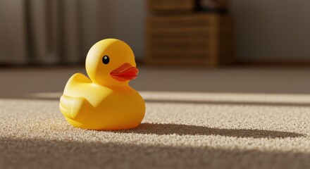 A yellow rubber duck sits on a beige carpet, casting a long shadow in the sunlight.