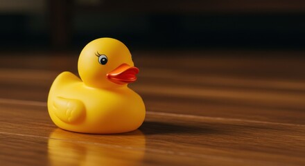 A solitary yellow rubber duck rests on a polished wooden surface, basking in the light.