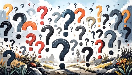 Question marks fill a landscape scene