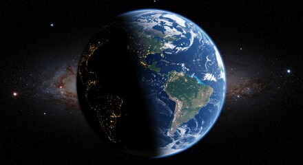 A vibrant depiction of Earth, showcasing continents and the night side against a starry backdrop.