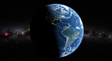 Earth view from space showing continents, oceans, and city lights, with a starry background.
