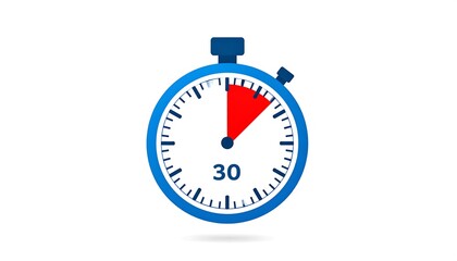 A vibrant blue stopwatch displays thirty minutes remaining, highlighted by a red segment.