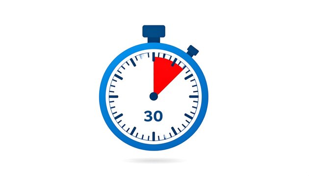 A vibrant blue stopwatch displays thirty minutes remaining, highlighted by a red segment.