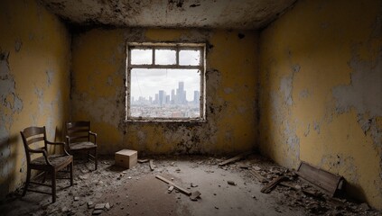 Deserted Room with Skyline View