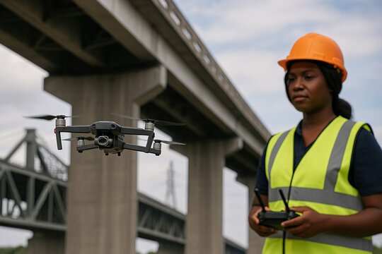 Drone inspecting bridge structure with female operator in safety helmet out of focus