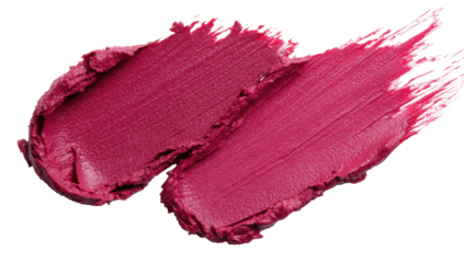 Close-up of two swirled, vibrant, magenta-pink lipstick smudges on a black background.  A textured, slightly rough,  and slightly feathered, application of the product is visible