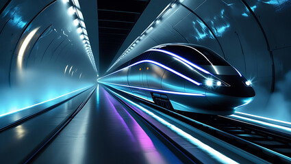 Futuristic high speed train traveling through a neon lit tunnel