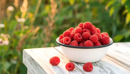 Ripe raspberries overflowing from a white bowl on a rustic, sunlit wooden table