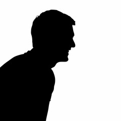 A relaxed silhouette of a young man leaning forward in contemplation, isolated on white.