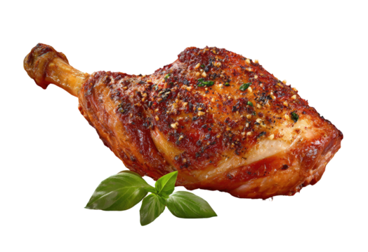 Roasted chicken drumstick, seasoned and crispy, resting on a bed of fresh basil leaves