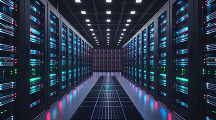 Modern data center with rows of illuminated server racks and glowing lights