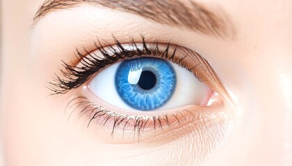Close-up on a vivid, blue eye with delicate lashes and light skin details
