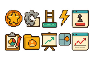 Business and analytics pixel icon set. flat pixelated collection for data visualization