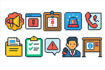 Pixel alert icon set. pixel art style for communication, notification, alert icons