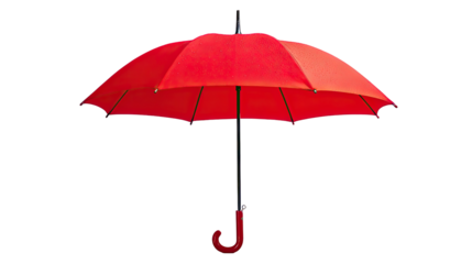 A vibrant red umbrella, open and centered against a pure black background.  The umbrella's canopy is fully extended, showcasing its smooth surface, and a dark metal handle is visible
