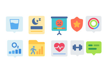 Health and fitness flat icon set. wellness, exercise, training, nutrition icons collection