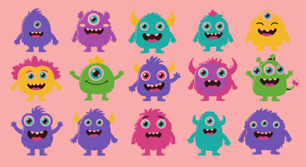 A cheerful collection of cute cartoon monster characters. This vibrant set features funny little aliens and friendly creatures in a flat vector design, perfect for kids' projects