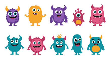 Fototapeta premium A group of adorable and colorful cartoon monsters with big eyes, horns, and fluffy fur, perfect for children's illustrations, fantasy themes, and playful designs