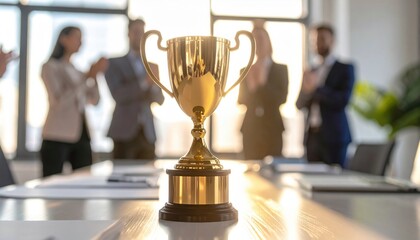 Golden trophy shining in sunlight with applauding business people in background, symbolizing success, corporate victory, recognition, leadership and teamwork achievement