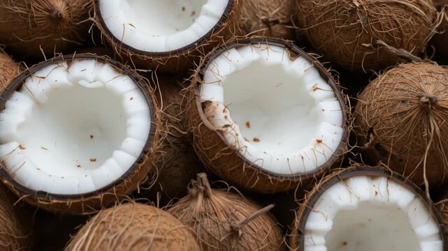 Close-up of a whole coconut and a split coconut. 4k video
