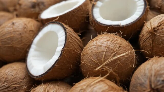 Close-up of a whole coconut and a split coconut. 4k video