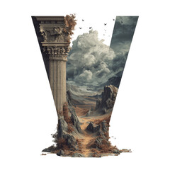 A capital "Y" letter, with an ancient column and landscape within