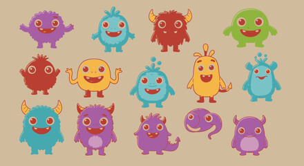 Obraz premium Vibrant collection of cheerful and funny cartoon monsters, perfect for kids' games, educational materials, and playful graphic design projects