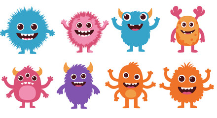 Fototapeta premium Collection of playful, cartoonish, and friendly monster characters with vibrant colors, horns, and multiple eyes, suitable for children's content and designs