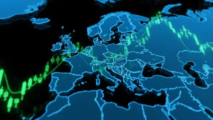 Dynamic 3D world map with glowing blue continents and green stock market graph lines, showcasing global financial data trends and economic growth, with a focus on Europe and Asia at night - Powered by Adobe
