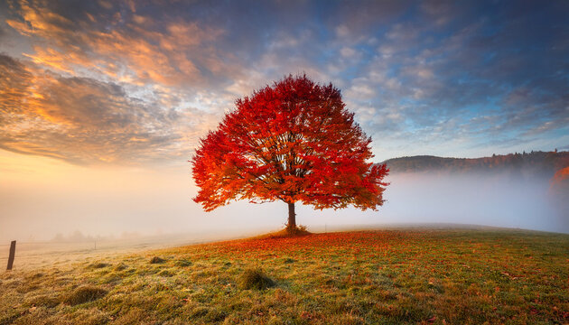 Vibrant Red Tree In Misty Landscape With Ethereal Glow During Autumn Season