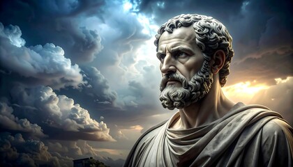 A detailed bust of a historical figure, set against a dramatic sky filled with dramatic clouds and a soft, golden light.