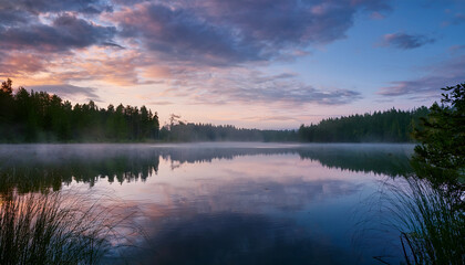 Serene Forest Lake At Dawn Or Dusk With Mist Gently Rising From The Calm Water Reflecting The Vibrant Cloud Filled Sky