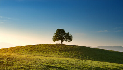 Solitary Tree Atop A Gentle Hill Bathed In Soft Morning Light