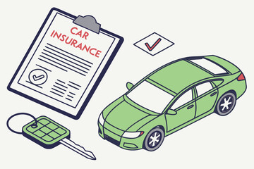 Rental or leasing car with keys near auto insurance policy form. Vehicle safety, assistance and protection concept. Vector illustration.