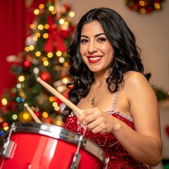 Woman playing a red drum, Christmas background