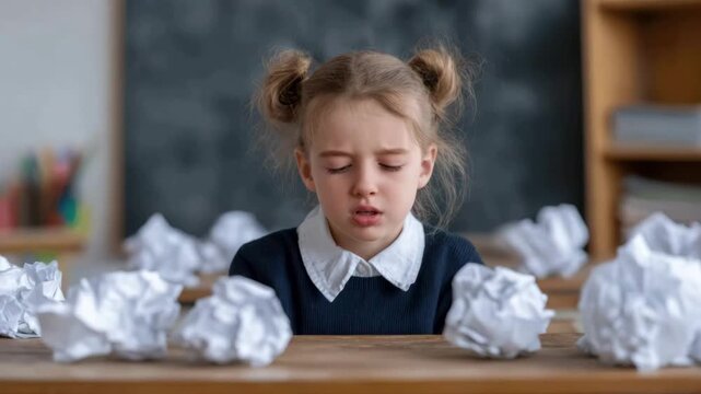 Young sad girl in school classroom. Tired child sitting at table doing homework, solving test, taking exam. Funny upset kid, can't do it. Crumpled paper around. Bad day. Tortured overworked Student.