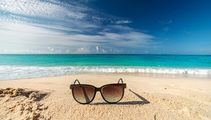 Relaxing Summer Beach Scene With Sunglasses On Warm Sand And Turquoise Ocean Ahead Generative Ai