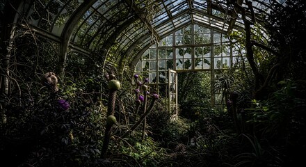 Atmospheric Interior of an Abandoned Victorian Greenhouse with Lush Tropical Plants and Broken Glass