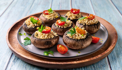 Portobello Mushrooms Stuffed With Quinoa Portobello Mushroom Caps With A Mixture Of Quinoa And Herbs And Sprinkled With Fried Cherry Tomatoes And Pine Nuts
