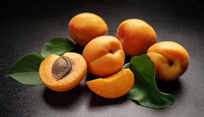 Vivid Presentation Of Fresh Apricots With Green Leaves On Dark Surface Delightful Summer Harvest
