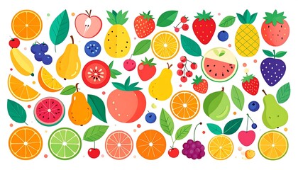 A vibrant and colorful collection of various fruits and berries, displayed in a flat design style, arranged in a playful pattern.