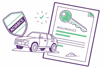 Rental or leasing car with keys near auto insurance policy form. Vehicle safety, assistance and protection concept. Vector illustration.