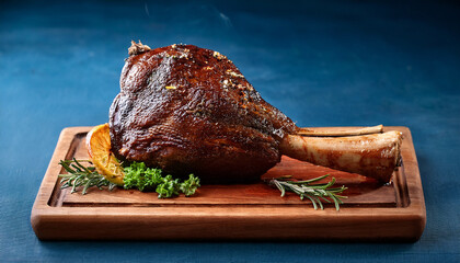 Succulent Roasted Lamb Leg Garnished With Fresh Herbs And Rich Glaze Served On Wooden Platter This Dish Is Perfect For Festive Occasions And Gatherings
