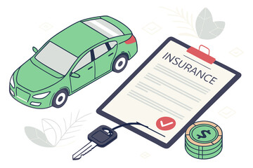 Rental or leasing car with keys near auto insurance policy form. Vehicle safety, assistance and protection concept. Vector illustration.