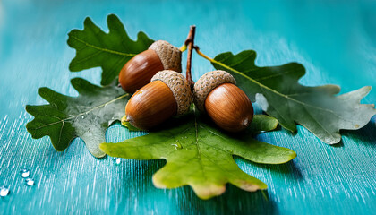 Three Ripe Acorns Glistening With Fresh Water Droplets Resting On Vibrant Green Oak Leaves Create A Captivating Autumnal Scene Filled With Natural Beauty And Tranquility