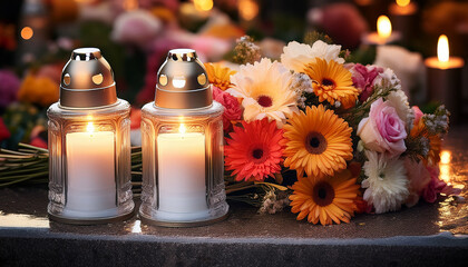 Peaceful Candles Flowers For Memorials Ai Photo