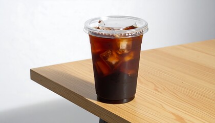 A refreshing iced americano in a clear plastic cup resting on the edge of a clean wooden table in a minimalist cafe
