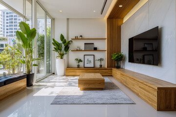 Cinematic photography of a bright, modern living room with white tiles, natural wood furniture, indoor plants, large TV unit, warm light, and inviting atmosphere.